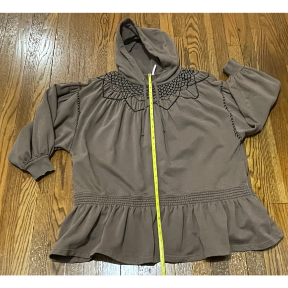 Free People Marty Smocked Sweatshirt Hooded Tunic Mini Dress Brown Bear Size Sm - Picture 9 of 12